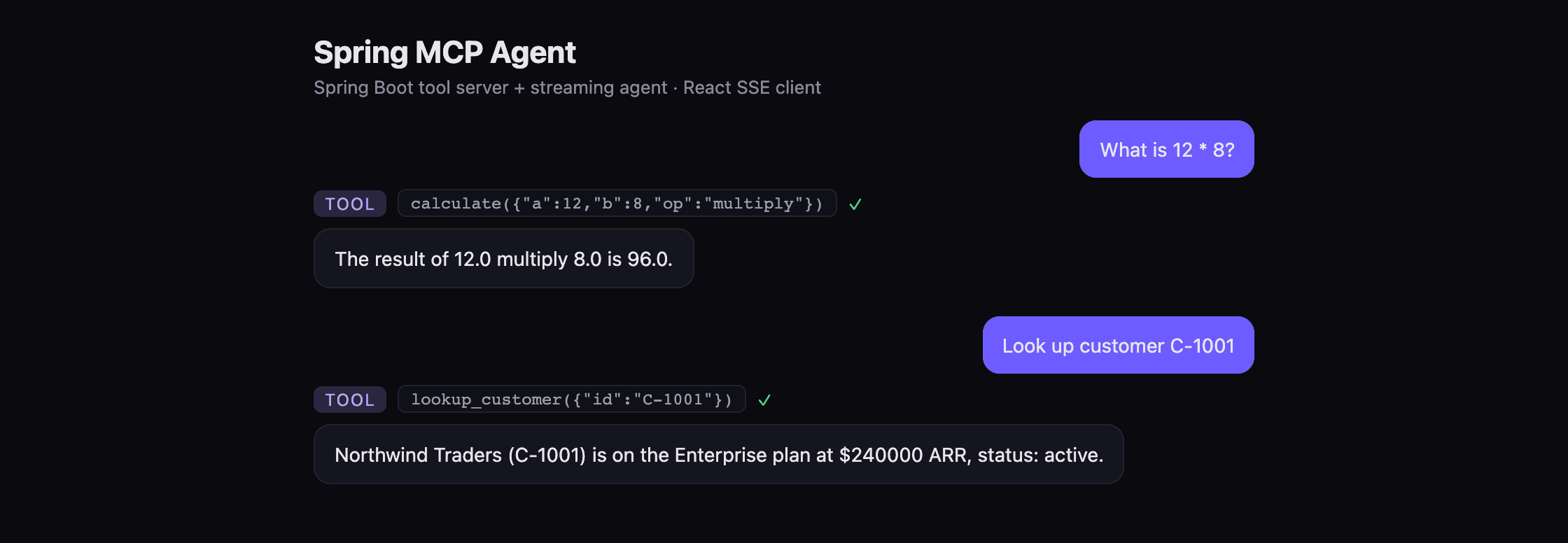 Spring Boot MCP Agent, live screenshot